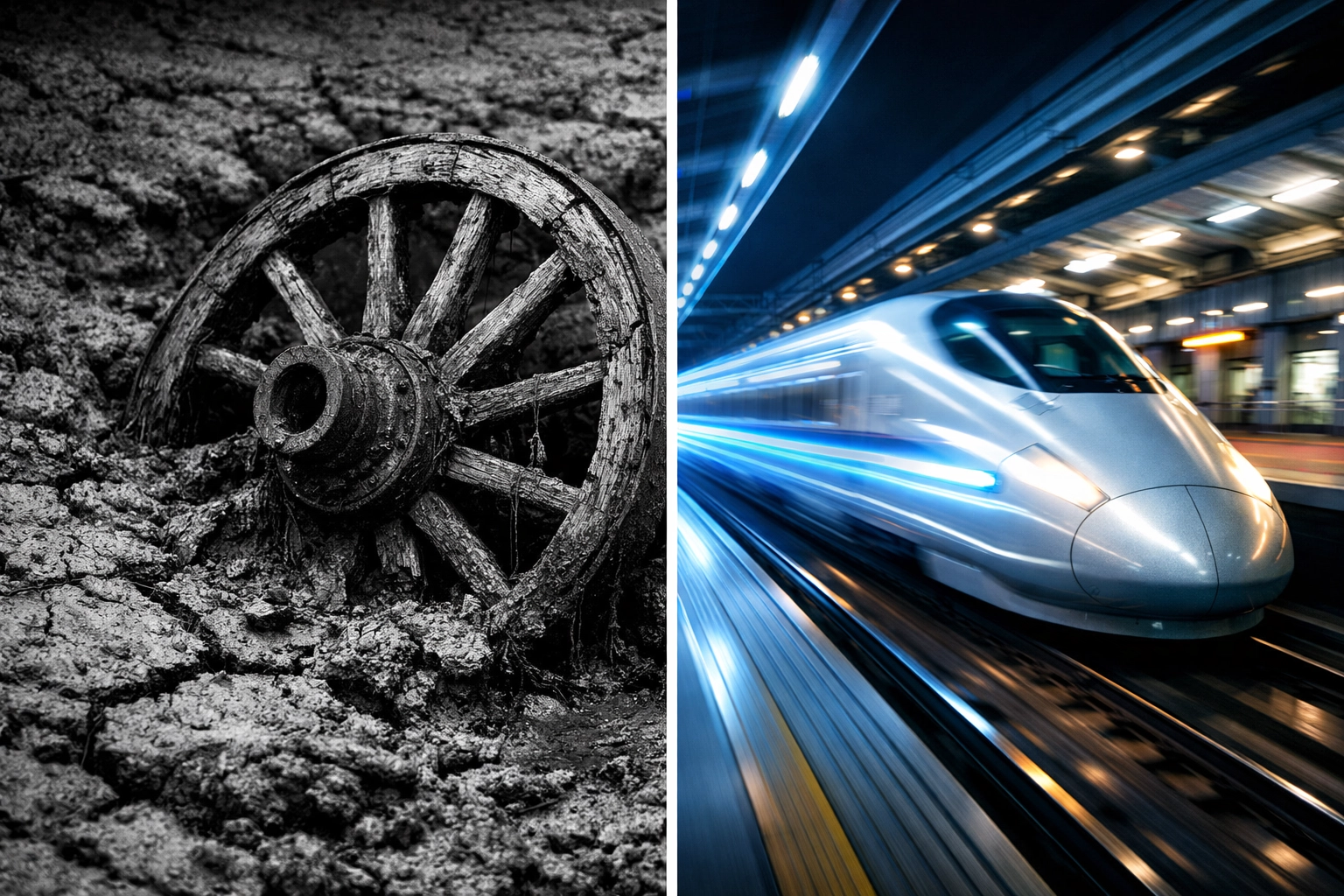 A split view of an old wheel and a fast train comparing outdated manual labor with modern AI automation.