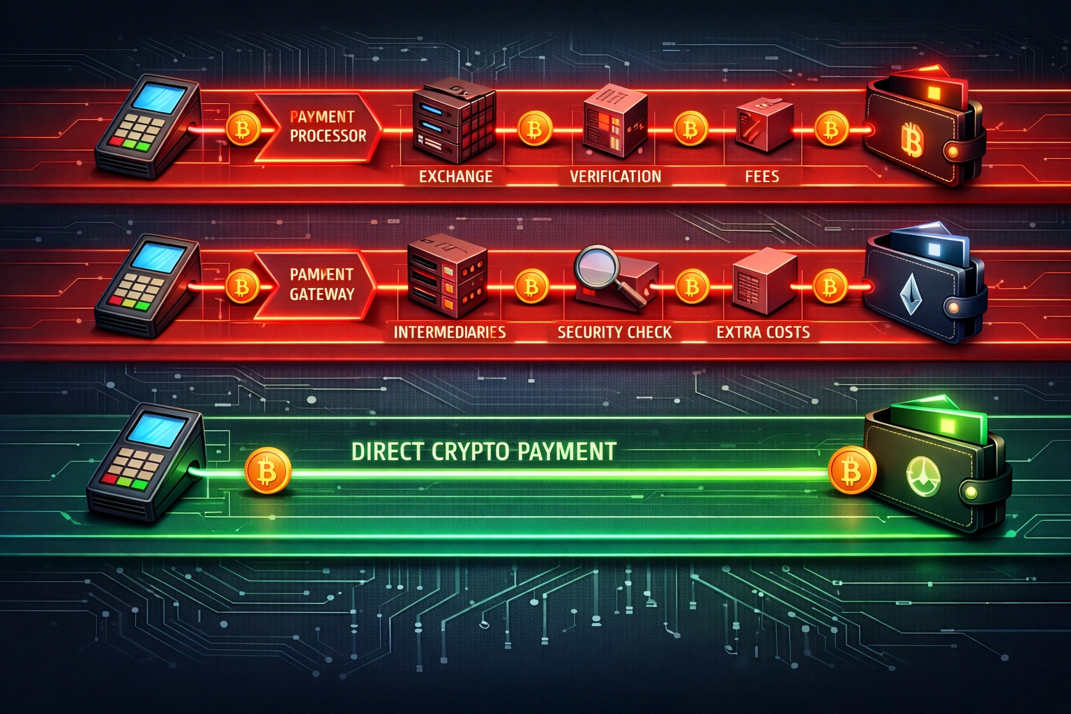 Direct crypto payment flow to merchant wallet vs intermediary processing delays