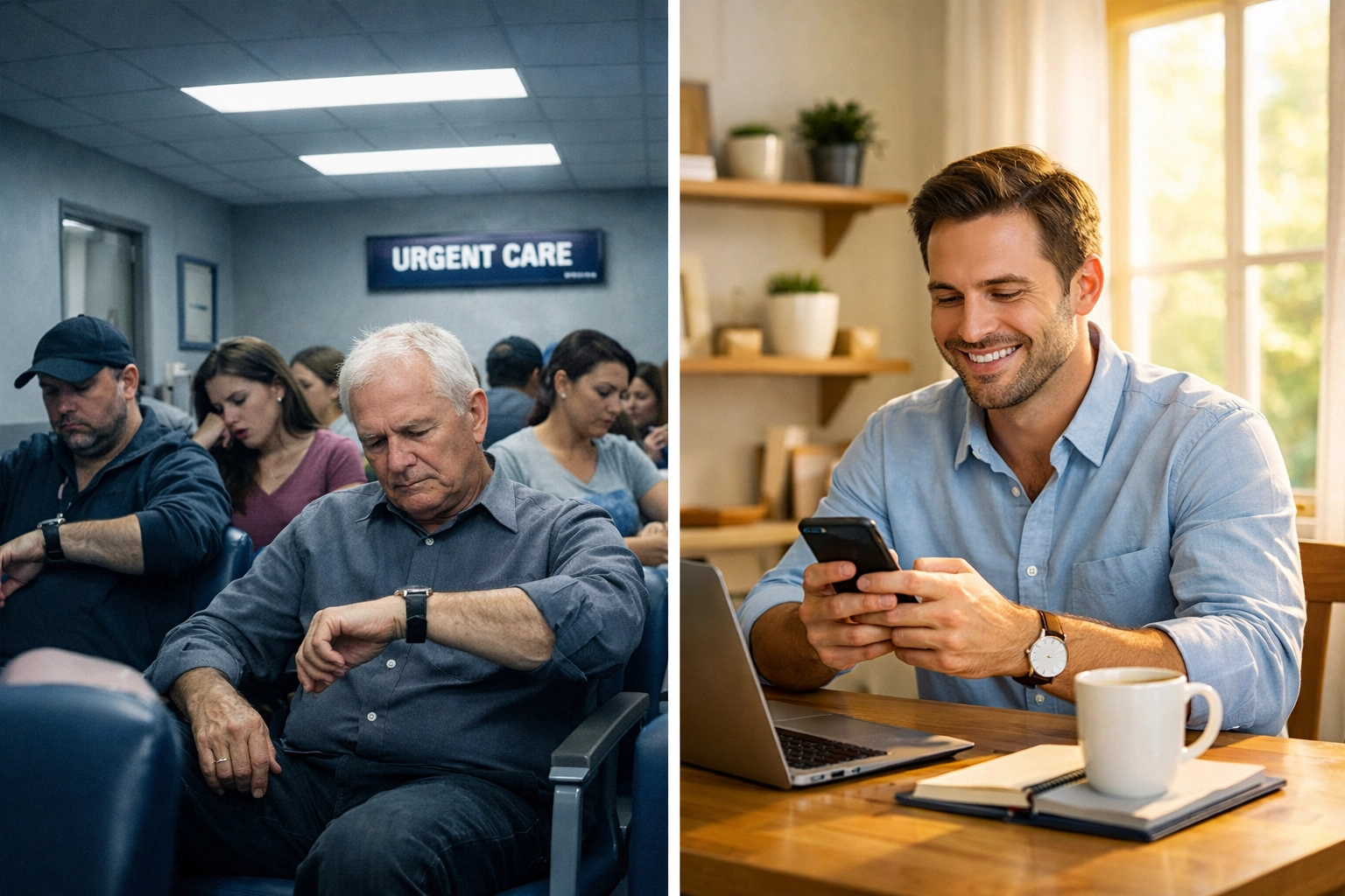 Urgent care waiting room vs professional using online doctor consultation at home office
