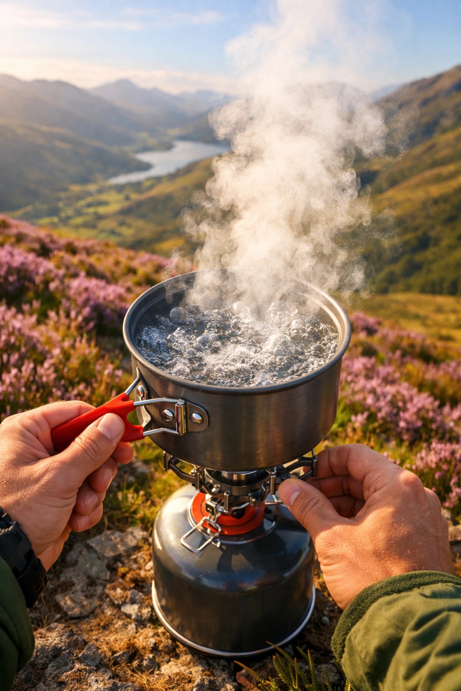 Camping stove boiling water in Scottish highlands for quick water purification