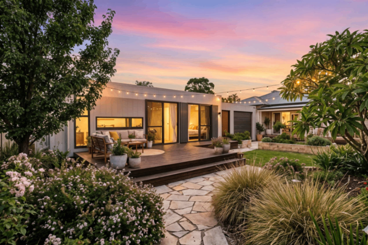 Sustainable modular home with native gardens and timber deck