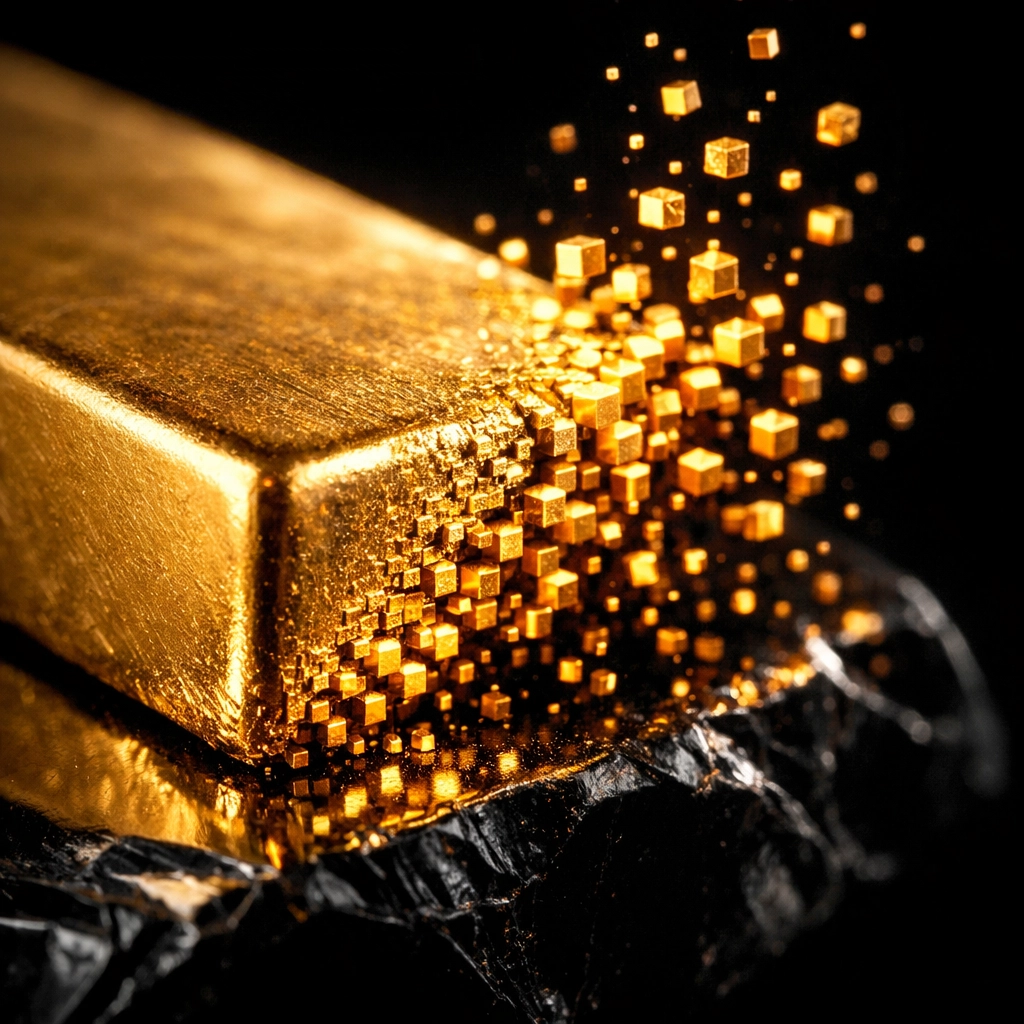 Solid gold bar transitioning into digital pixels representing stablecoin reserve asset requirements.