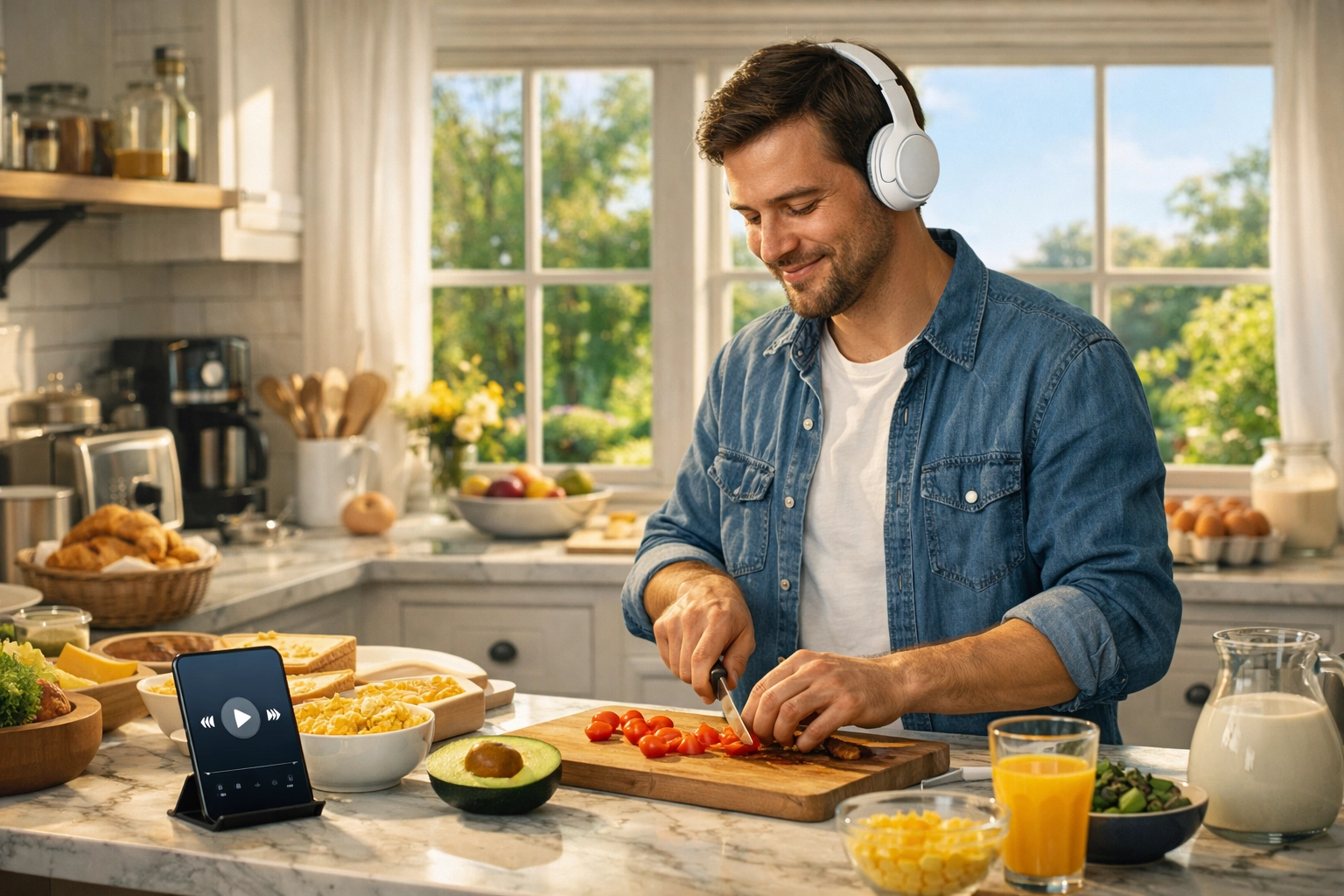 A man using a Bible podcast app during his morning routine. Boundless Online Church, First Assembly Memphis, FA Memphis.