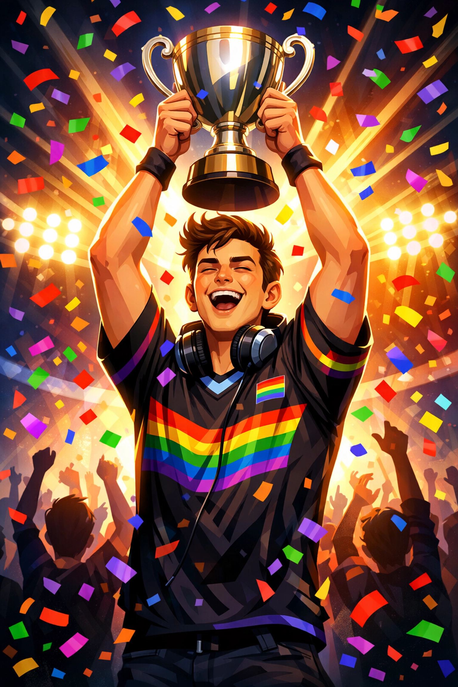 Gay esports champion celebrating tournament victory with trophy
