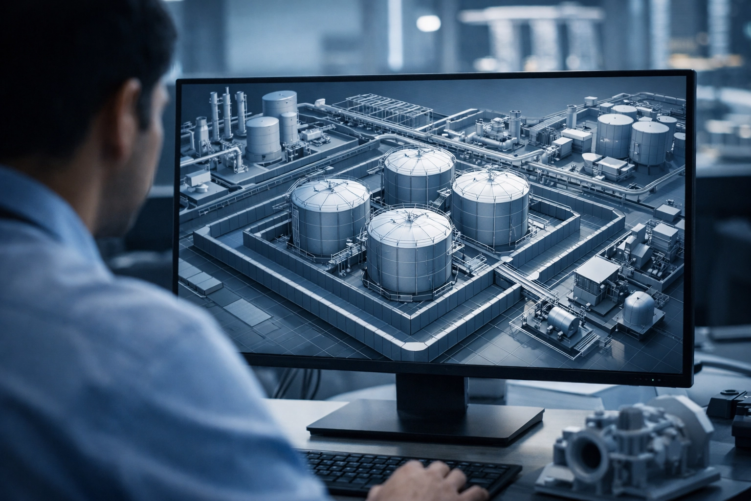 3D engineering schematic of a chemical storage facility showing SS 532 compliant safety zones.
