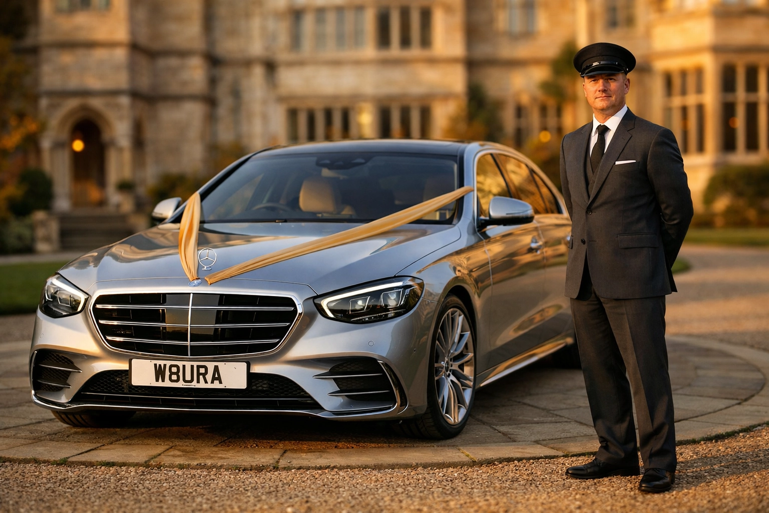Silver Mercedes-Benz S-Class with gold ribbons for luxury wedding car hire Lincoln outside a manor house.