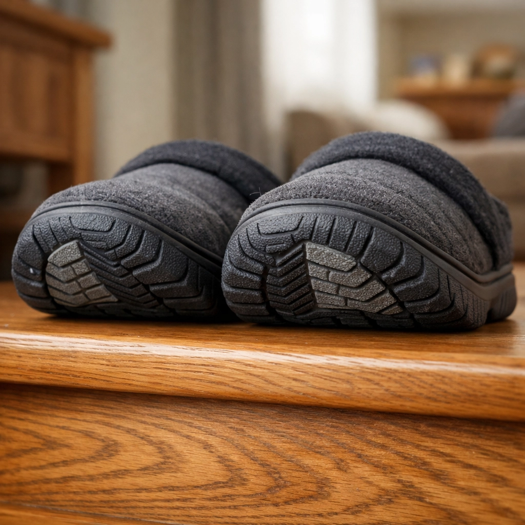 Supportive non-slip indoor shoes with rubber soles providing grip on a wooden stair tread.