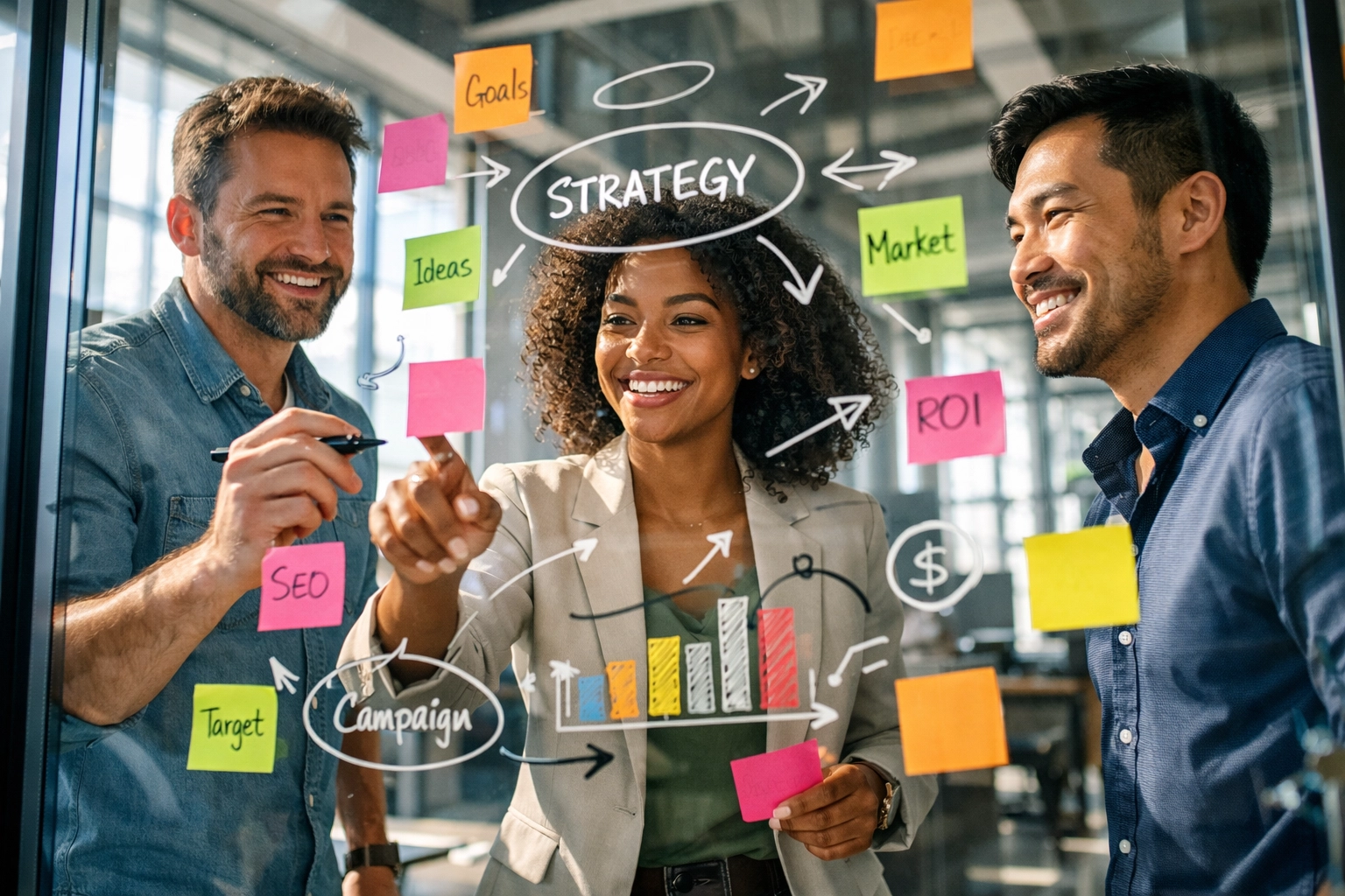 Marketing professionals collaborating on a Super Bowl strategic planning session using a glass brainstorm wall.