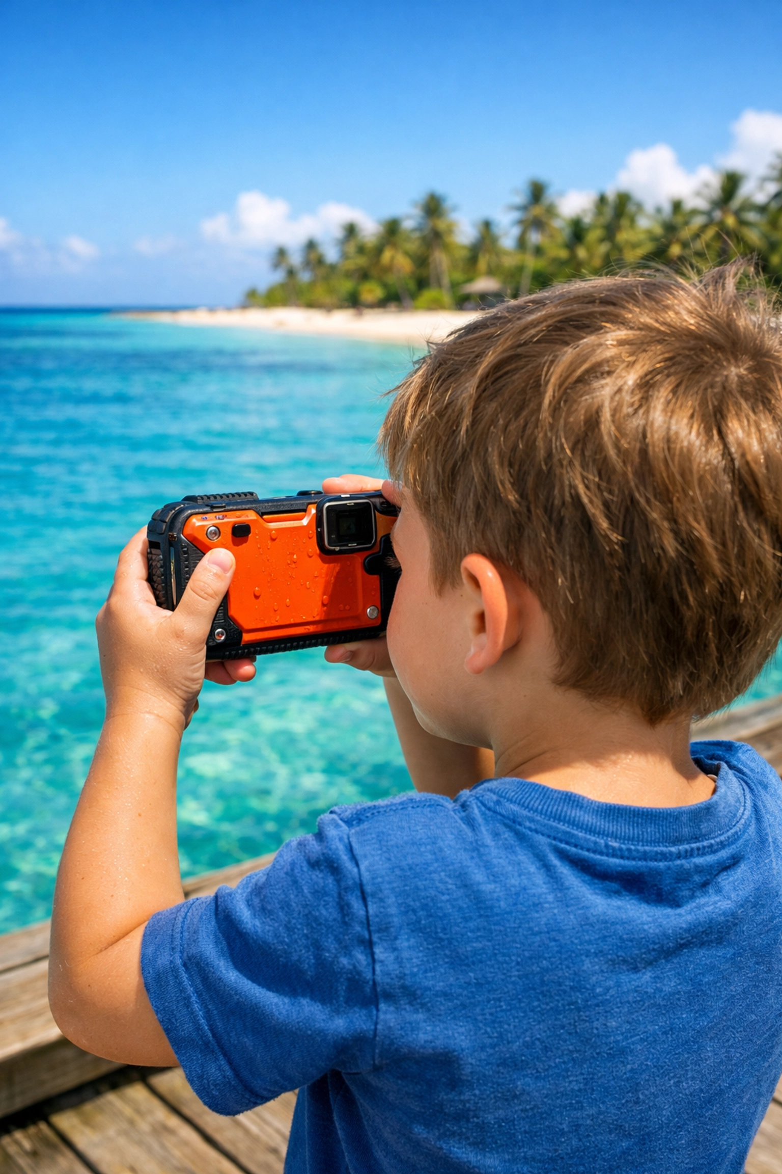 Young boy taking photos with a rugged camera on a tropical beach pier during a family adventure.
