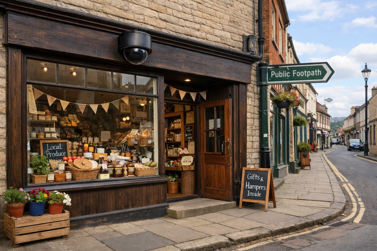 Professional black dome CCTV camera mounted above a traditional high street shop entrance in Langport, Somerset.