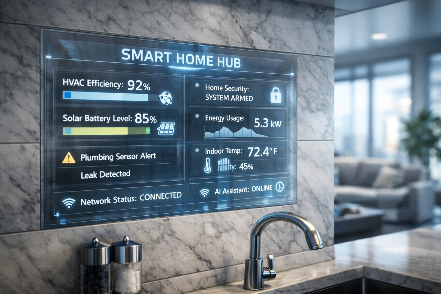 Integrated smart home hub displaying energy efficiency and maintenance data in a modern kitchen.