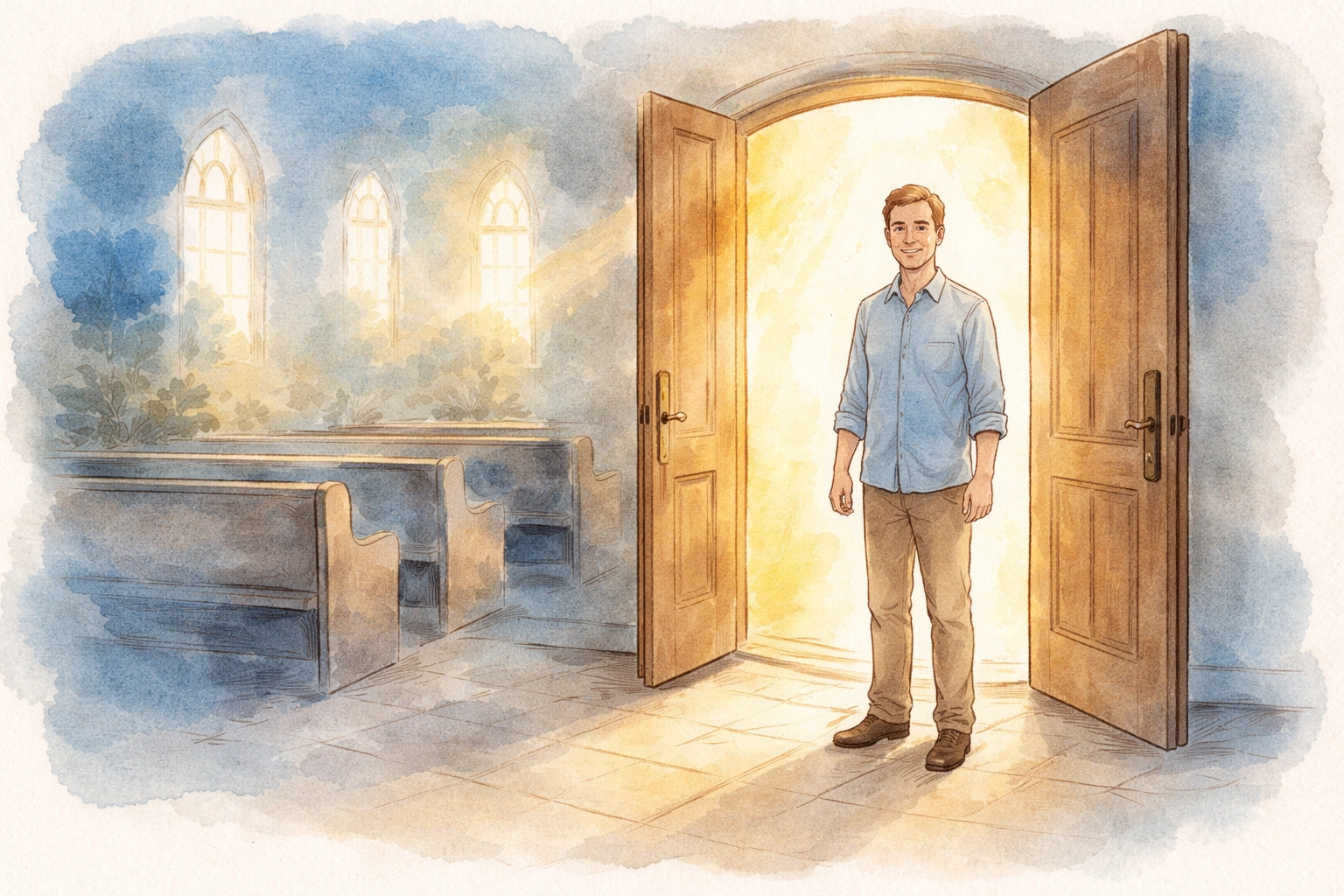 Church greeter offers a warm, pressure-free welcome in a sunlit foyer, conveying authentic hospitality and belonging.