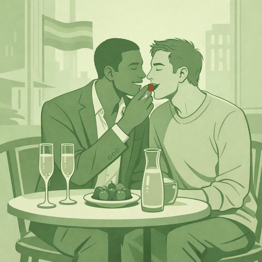 Two men enjoy Pride brunch with champagne and mimosas at modern LGBTQ+ celebration