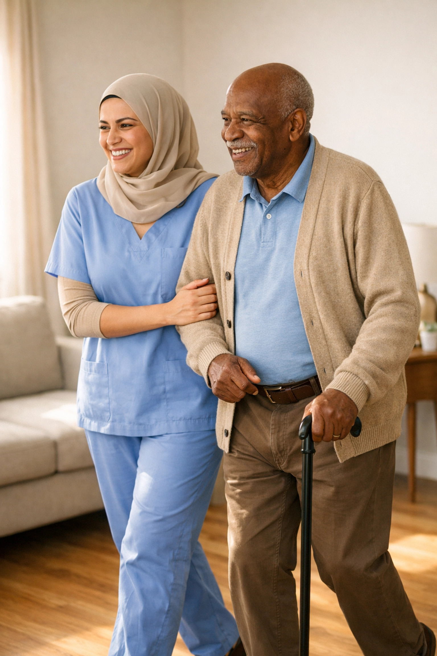 Caregiver providing mobility support to senior with cane at home