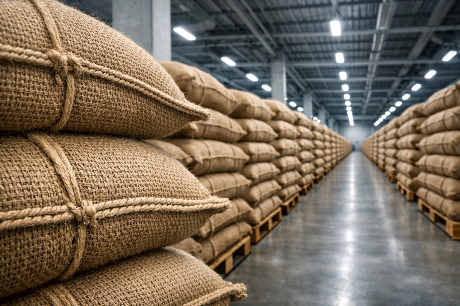 Stacked jute bags of bulk dried hibiscus leaves in an organized warehouse ready for international export.