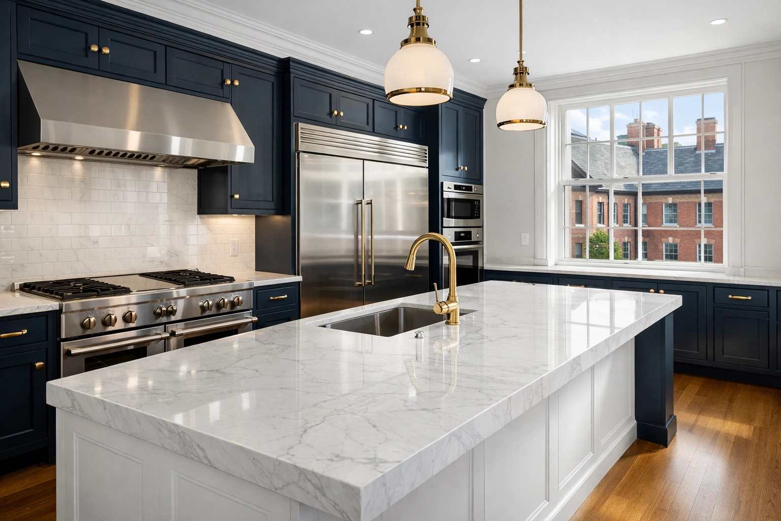 Pristine kitchen with move-out cleaning in Cambridge, showing spotless stainless steel and marble surfaces.