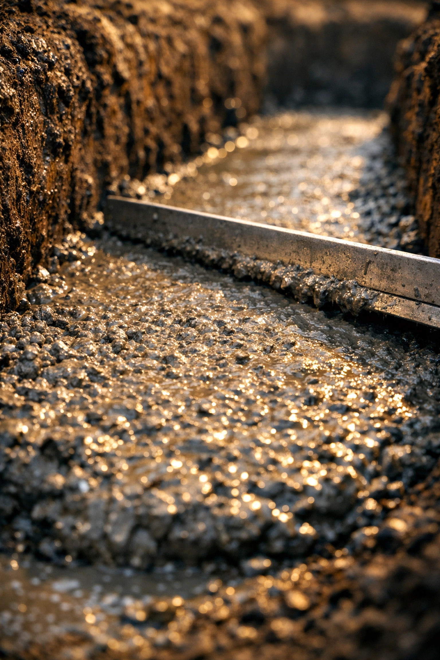 Wet concrete being poured and leveled into a trench fill foundation for a home extension.