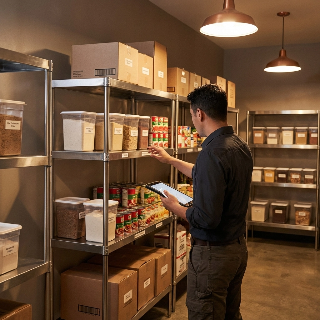 Restaurant manager auditing organized dry storage shelves using a tablet for inventory accuracy