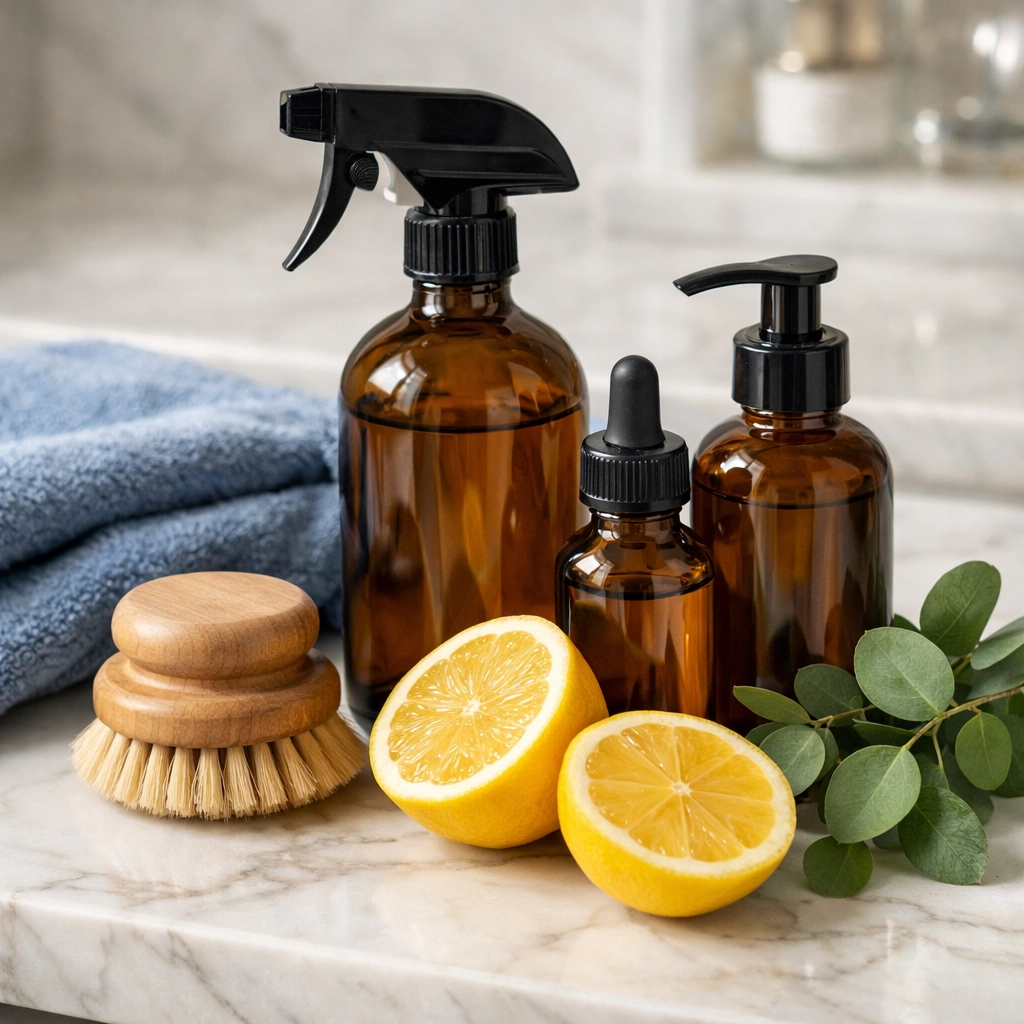 Eco-friendly house cleaning Worcester MA ingredients like lemons and essential oils on a luxury marble counter.