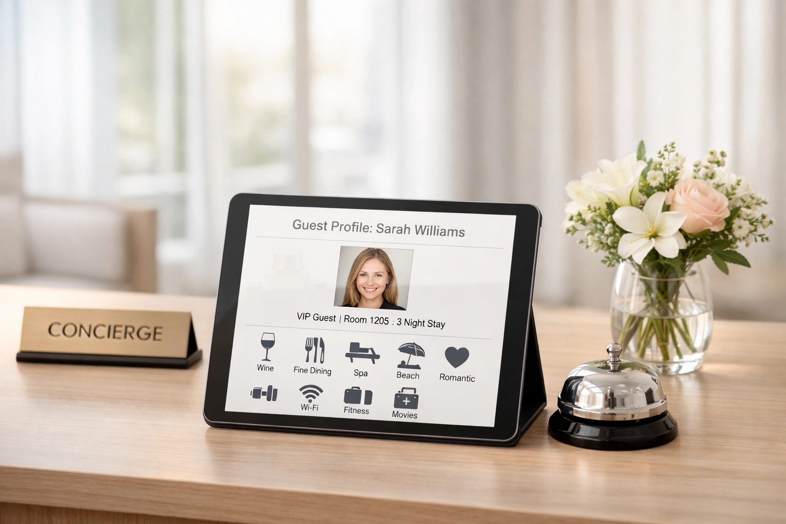 Hotel concierge using tablet displaying guest profile and preferences in modern CRM system