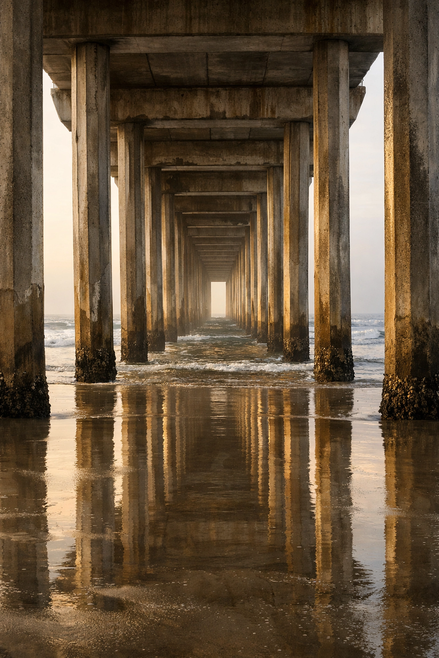 Symmetrical leading lines under Scripps Pier in La Jolla, a premier San Diego photo spot with golden hour reflections.
