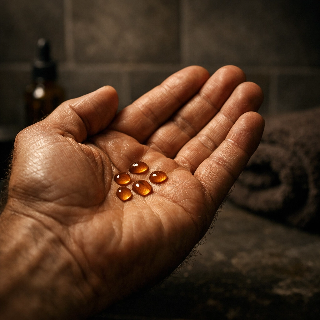 Close-up of a man's hands with drops of beard oil, illustrating the correct amount for application.