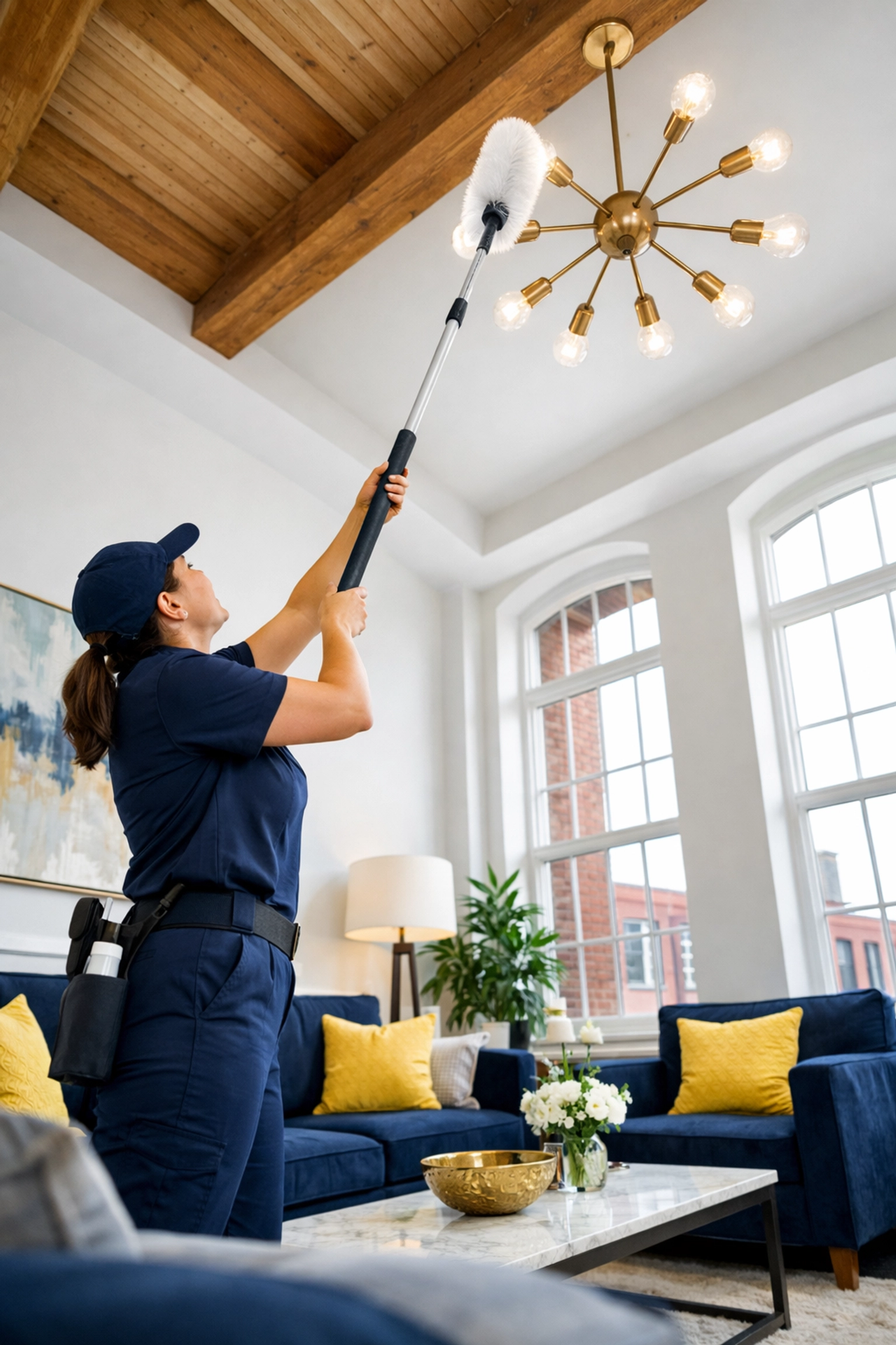 Professional cleaner dusting a light fixture during a top-to-bottom house cleaning in Lowell MA.