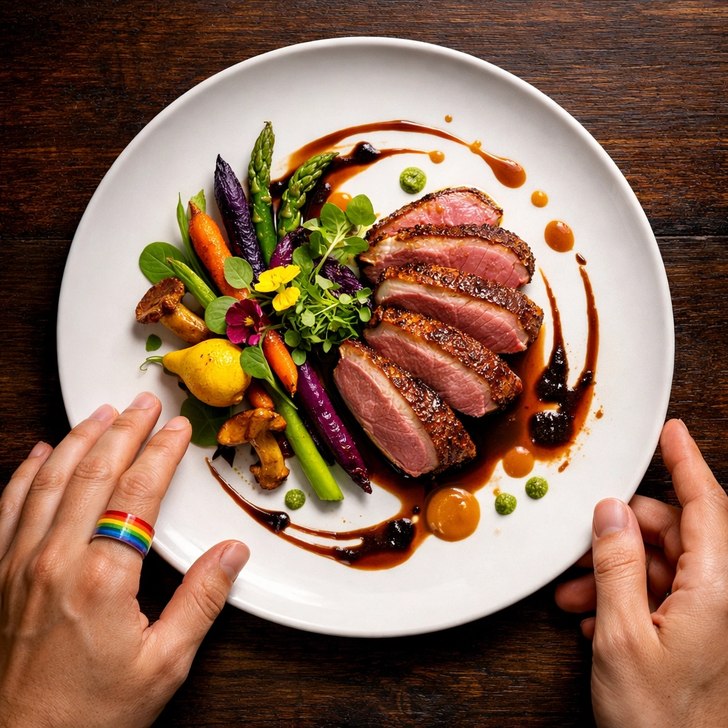 Gourmet plated dish at LGBTQ+-owned restaurant with pride ring visible