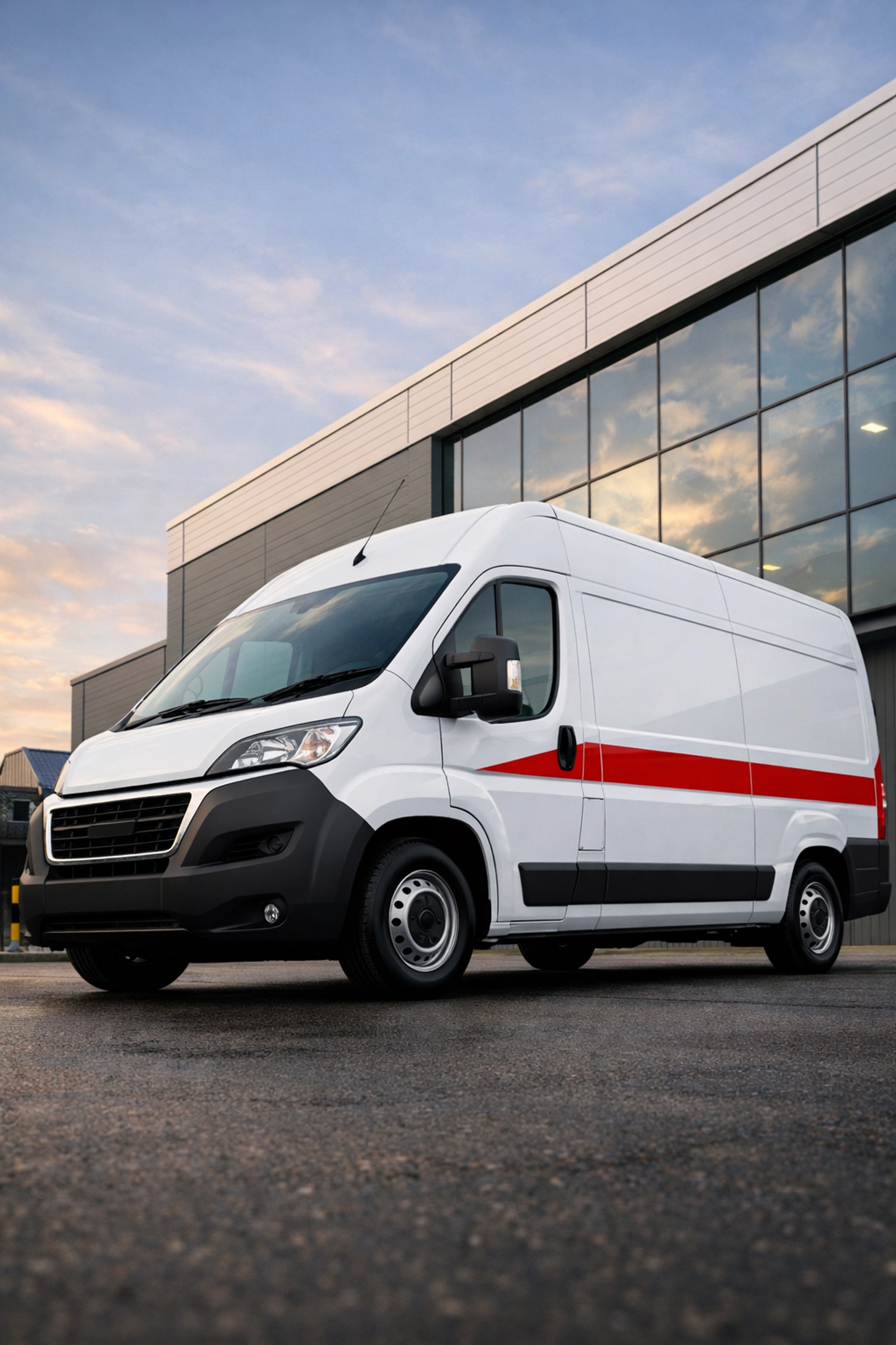 A clean white delivery van outside a modern Hertford logistics facility, ready for local and London distribution.