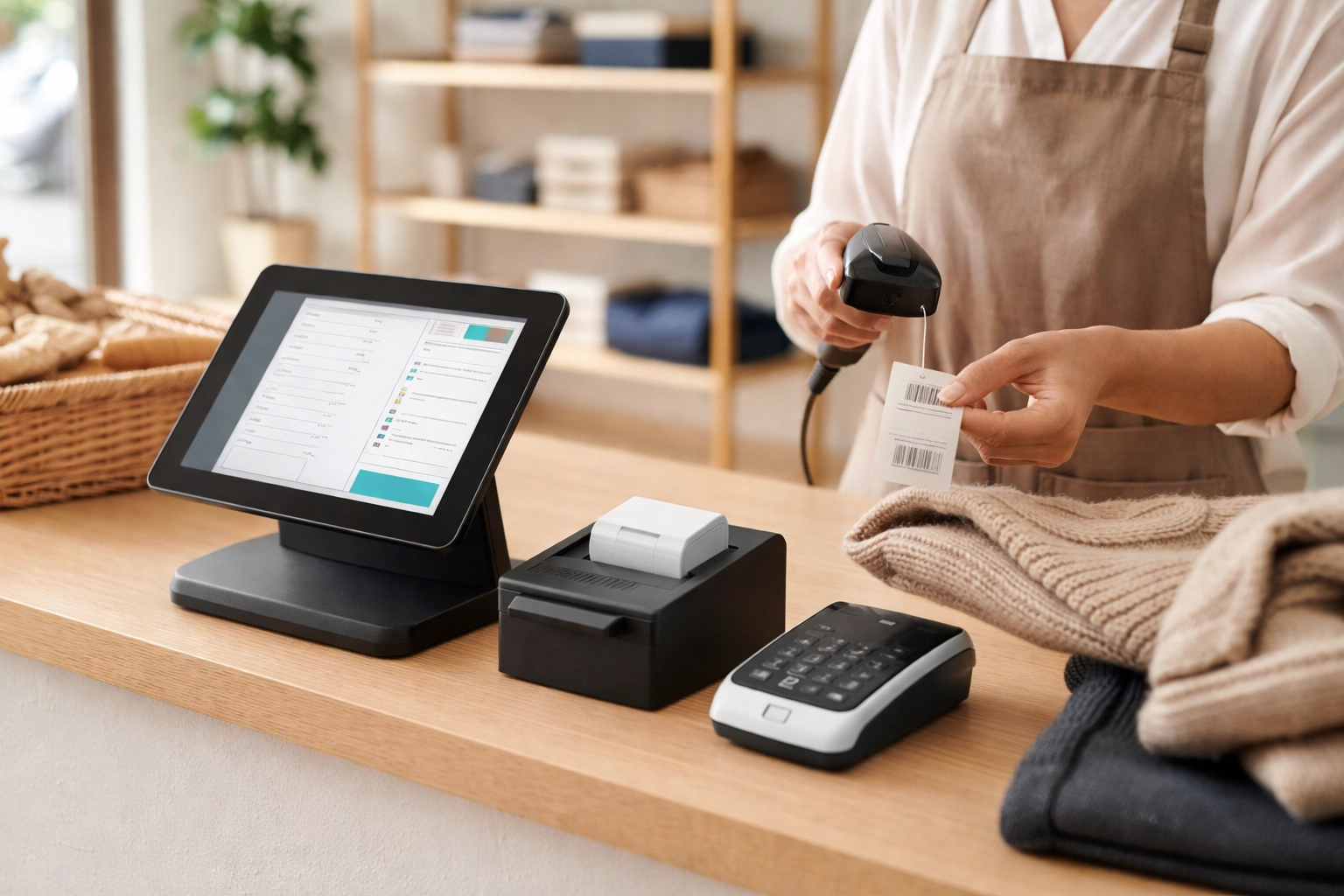 Retail boutique owner scanning items at Epos Now point-of-sale till for efficient sales processing