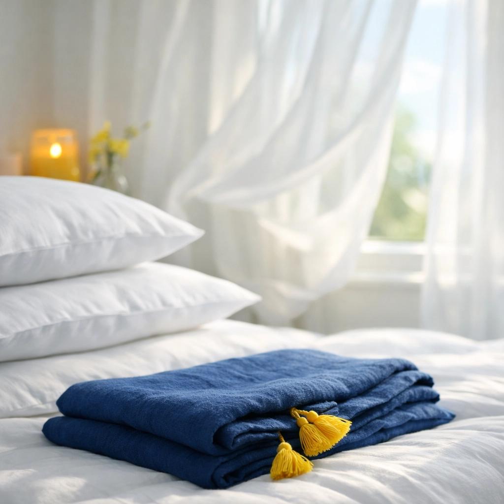 Fresh bedroom linens and an open window representing improved air quality after a home spring clean.