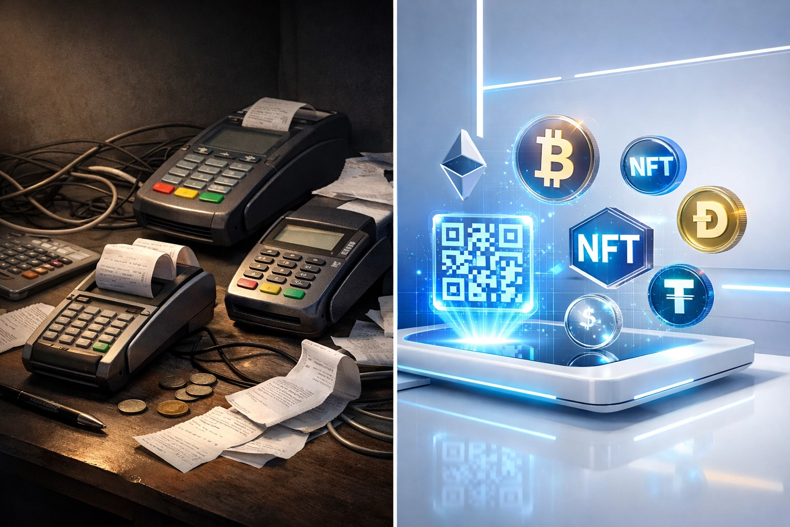 Traditional crypto payment terminals compared to modern Larecoin holographic payment interface