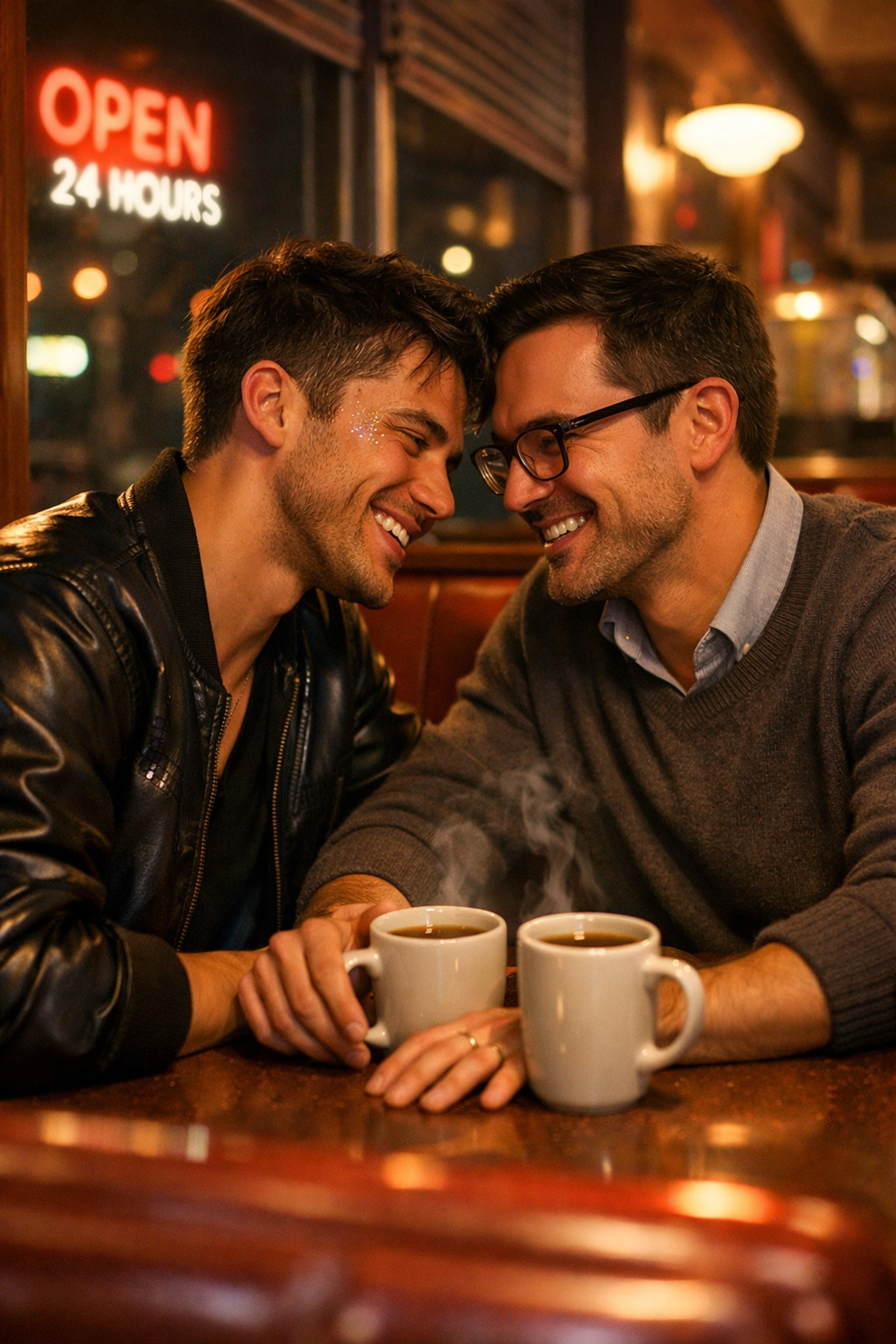 A couple in a cozy diner booth, illustrating a heartfelt MM romance connection outside the club.
