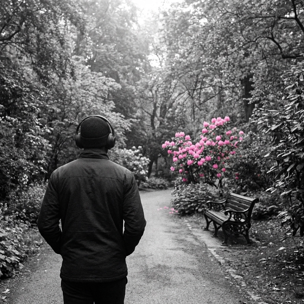 Young Black man walking in an urban park, illustrating the value of green spaces for mental health