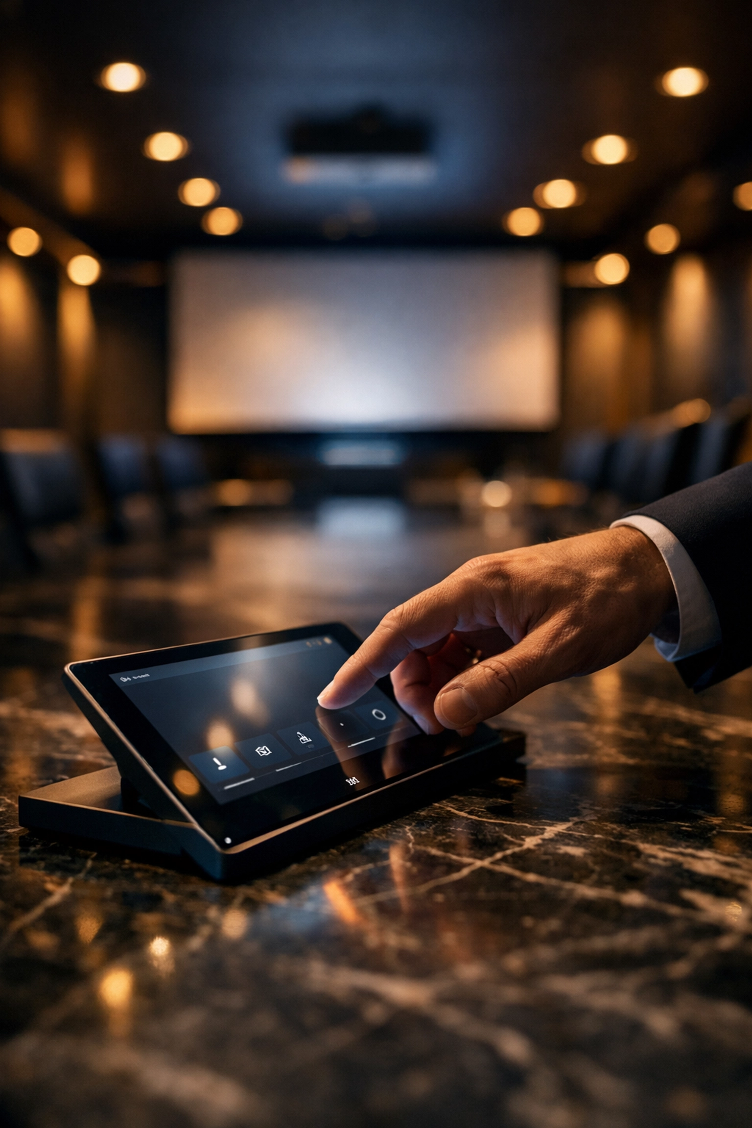 Smart touch control panel managing a professional integrated boardroom audio video system.