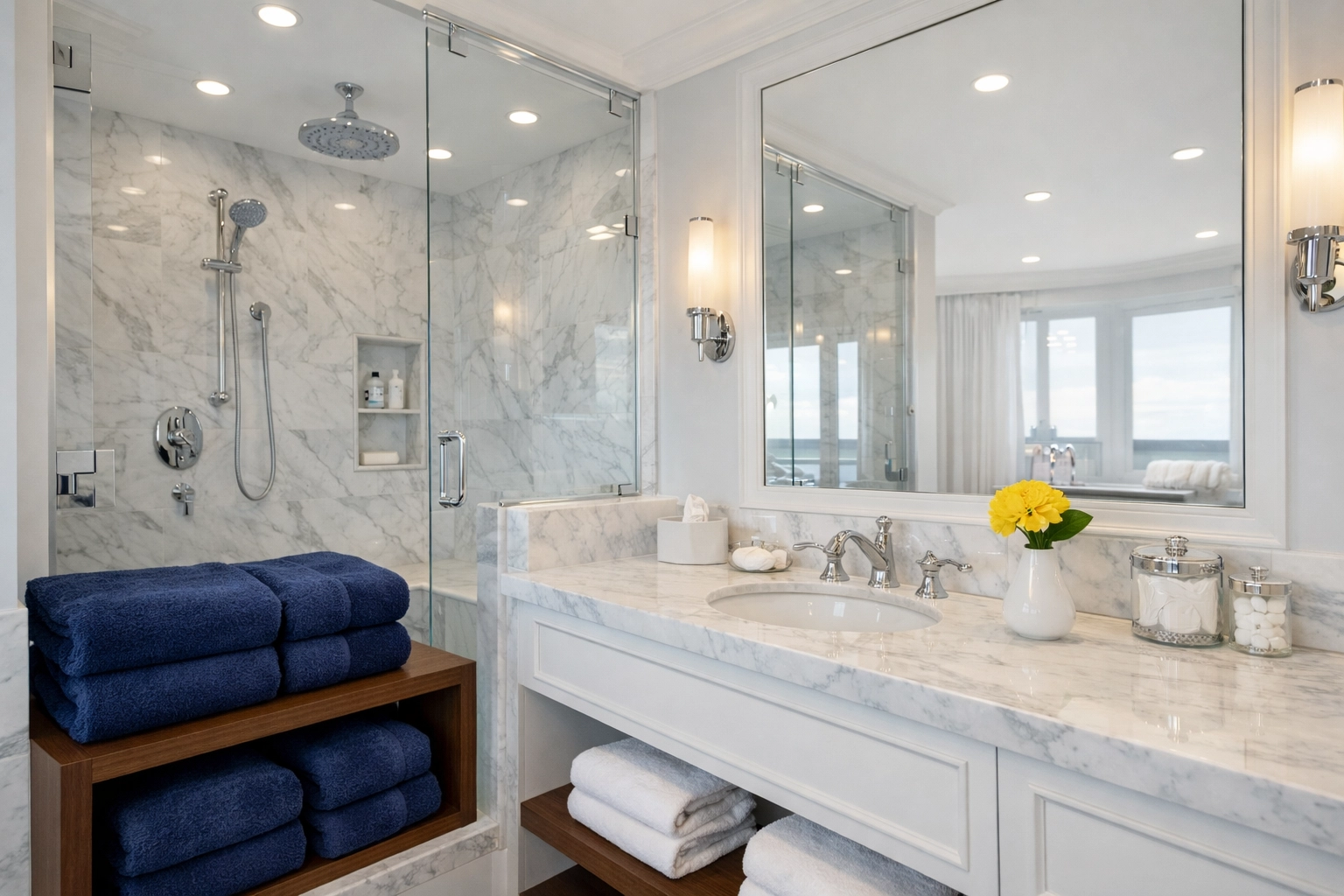 Sparkling clean luxury bathroom with marble counters following a professional bi-weekly house cleaning.