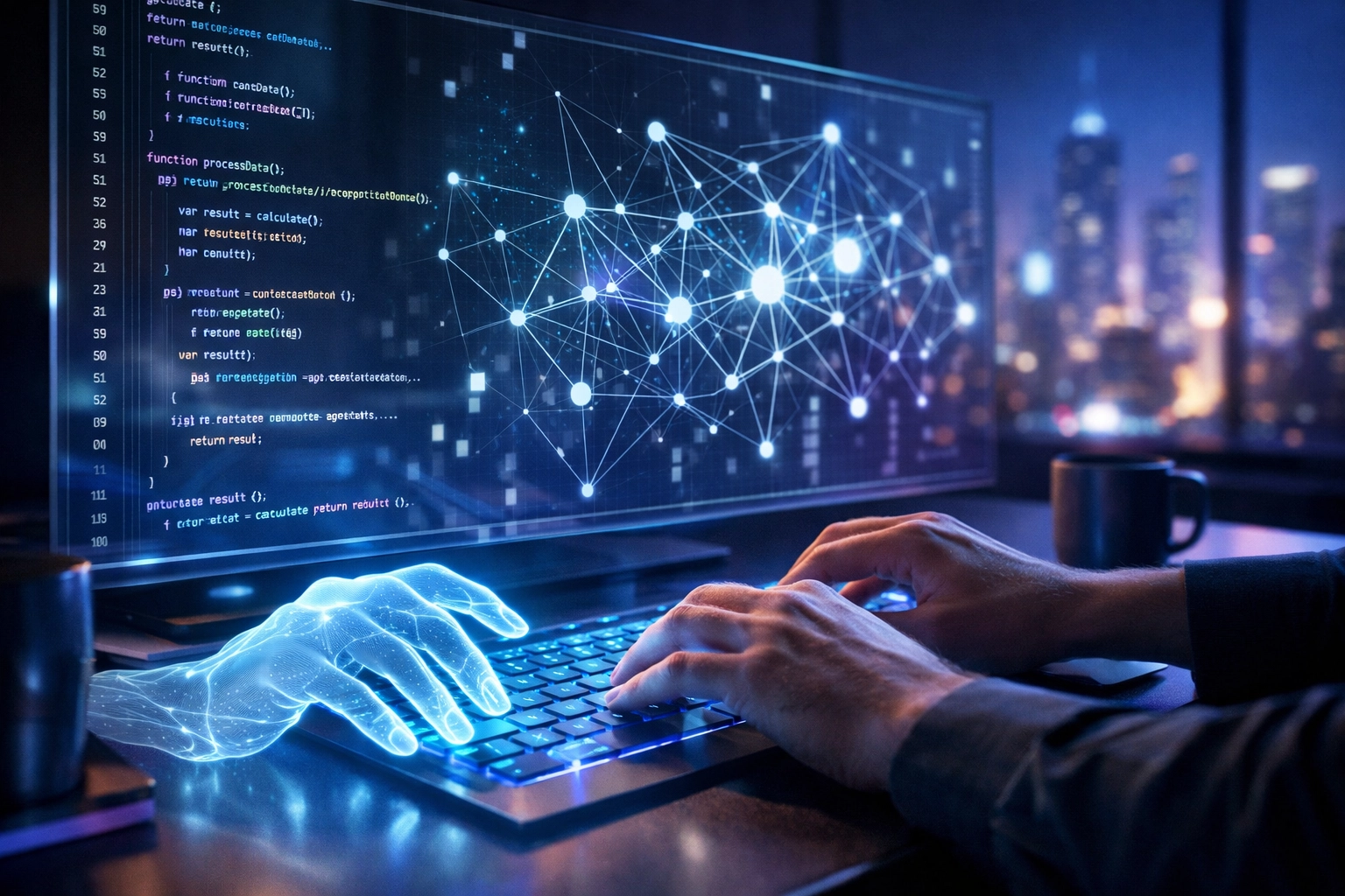Human developer and AI assistant collaborating on code in a modern, futuristic IDE.