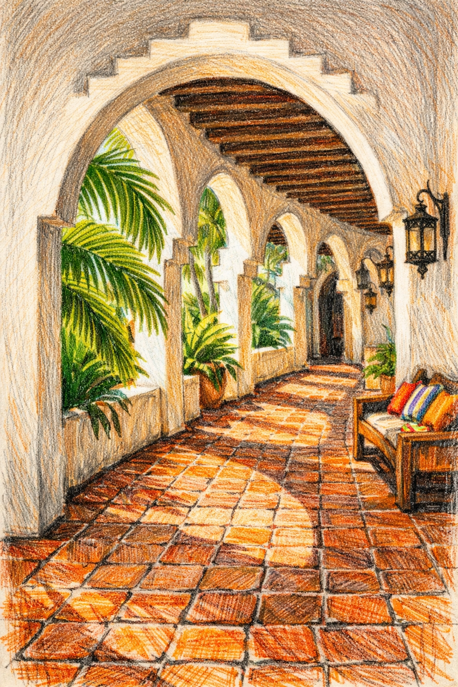 Sustainable hotel architecture in Mexico with arched corridors and terracotta flooring