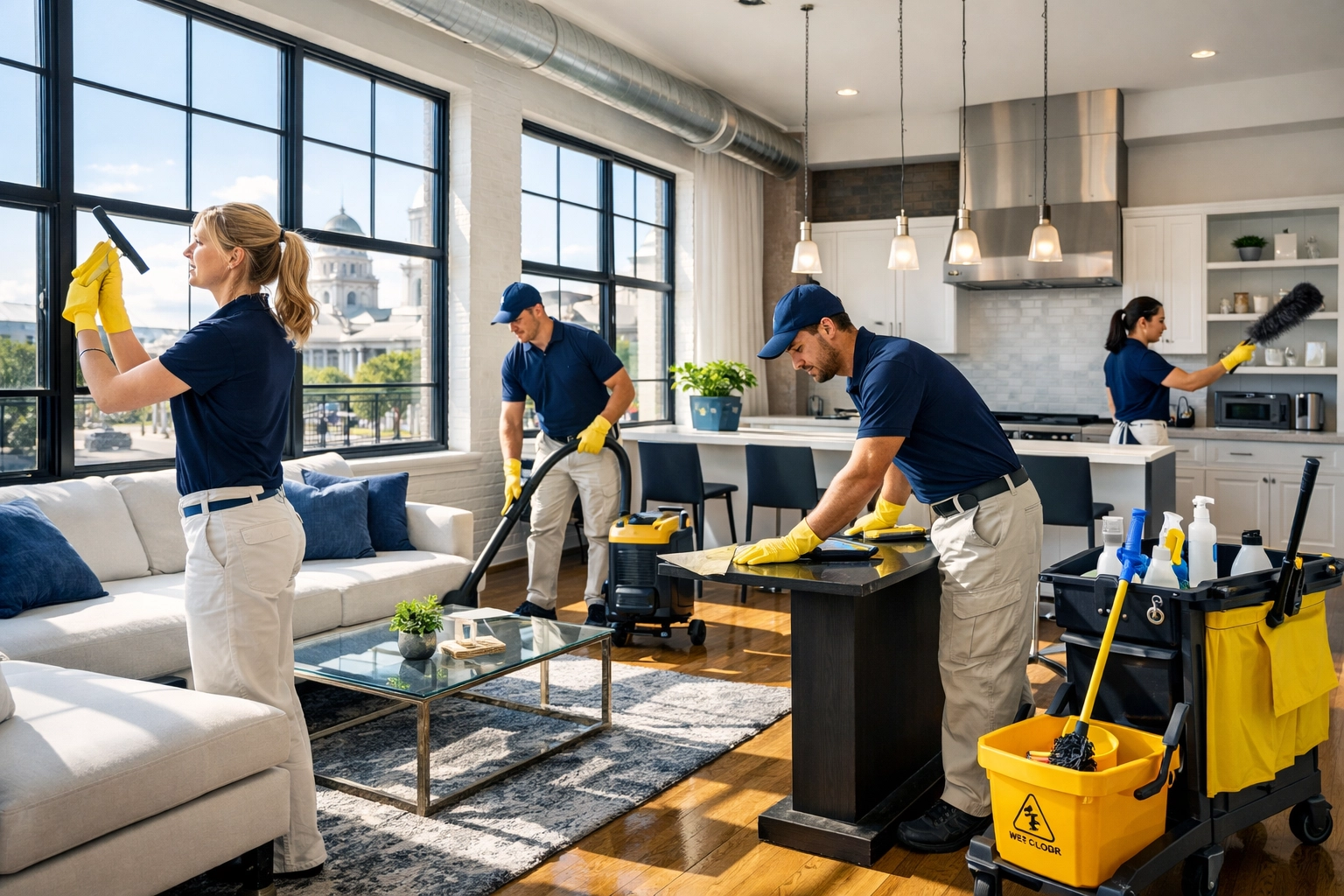 A professional team in blue uniforms providing expert move-out cleaning Worcester services.