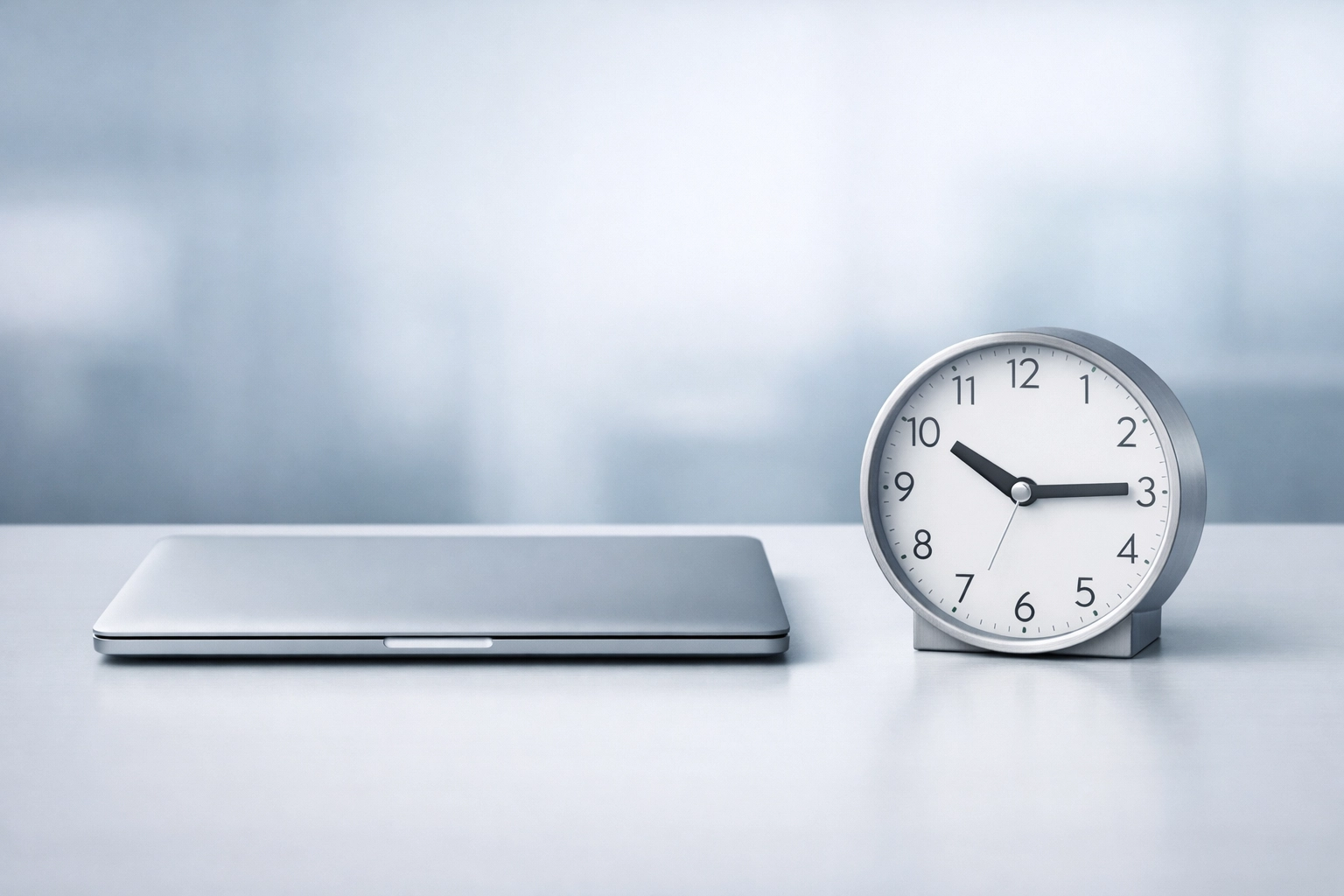 Analogue clock and laptop on a desk showing the timeline management for an Alabama commercial lease transfer.