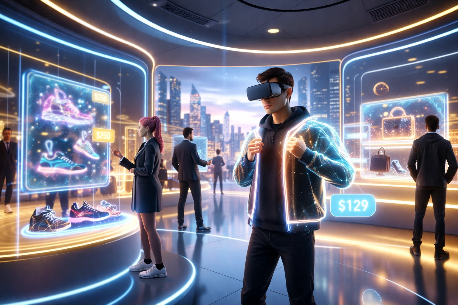 Avatars shopping in a futuristic metaverse store with digital products and virtual reality experiences