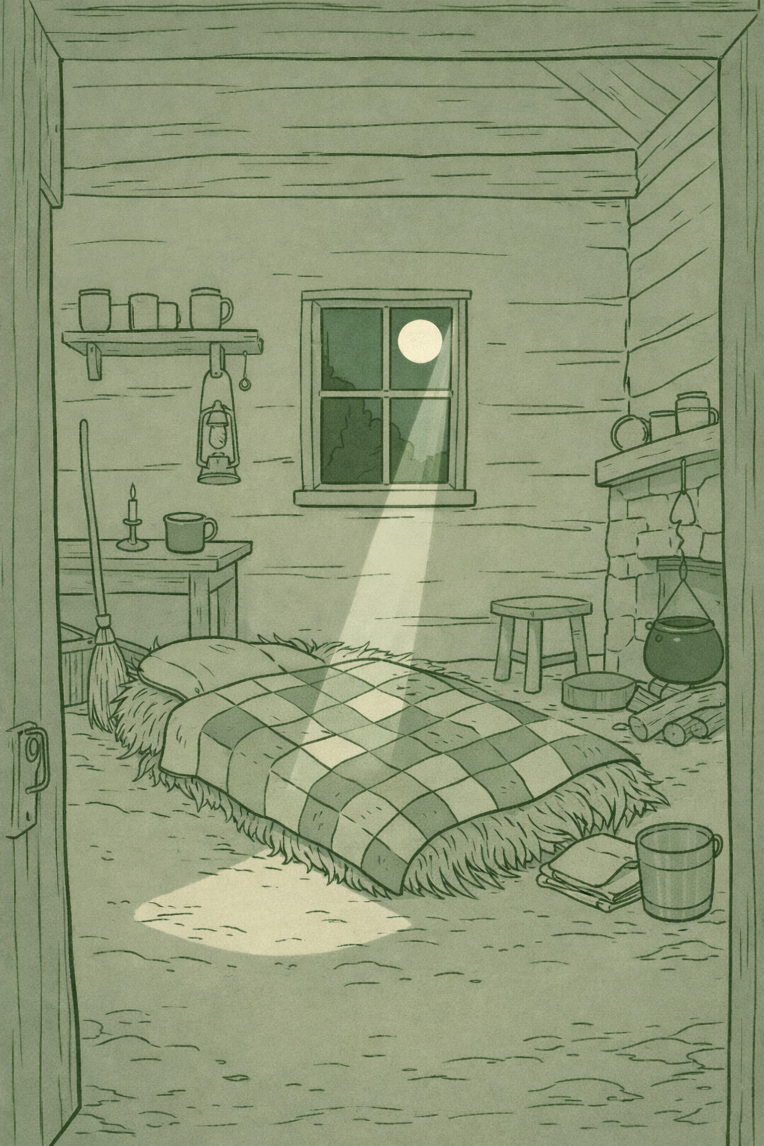 Interior of 1850s slave cabin with handmade quilt and moonlight - MM historical romance setting