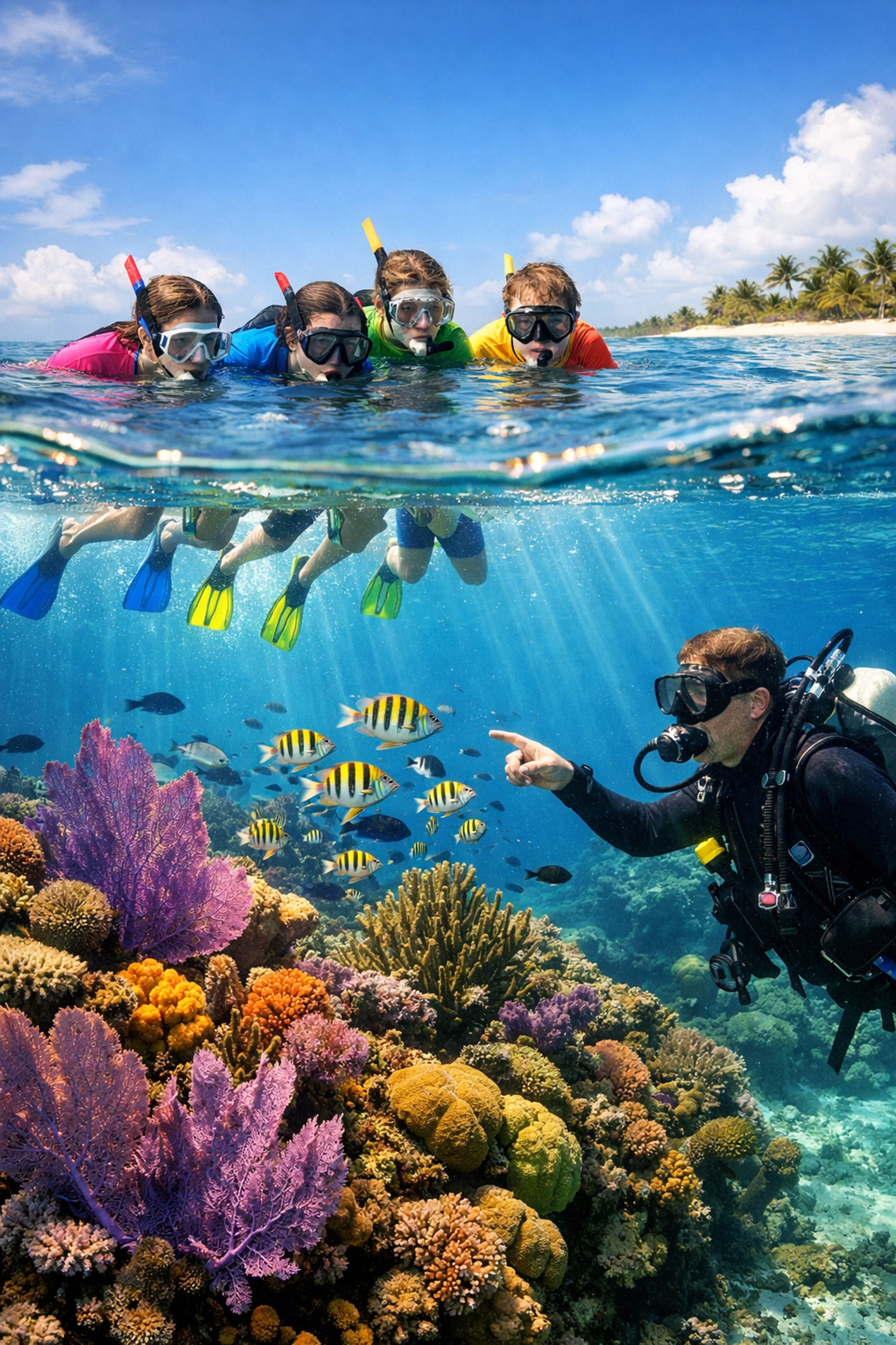 High school students snorkeling with instructor observing coral reef in Cayman Islands marine biology program