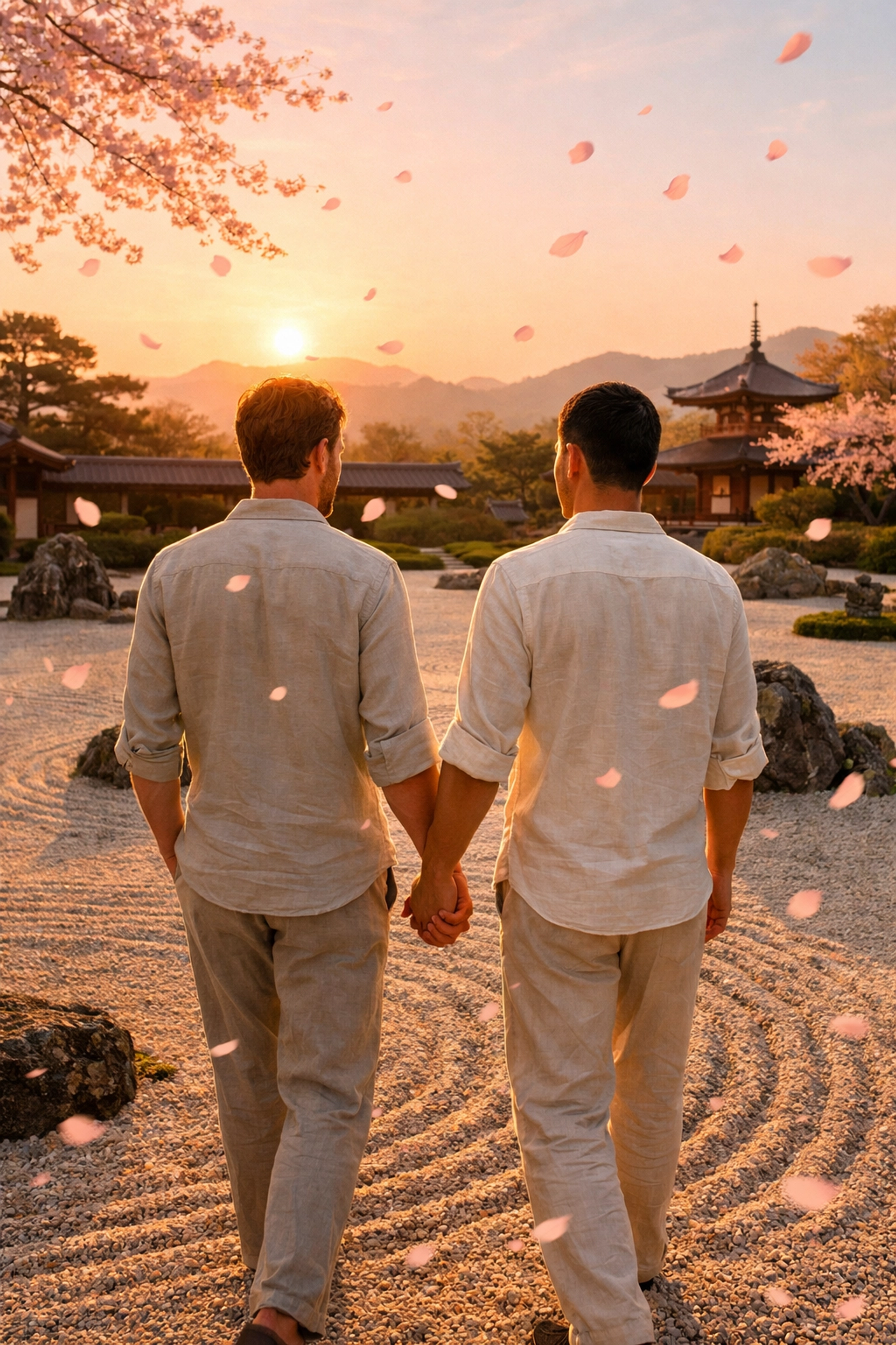 Gay couple walking hand-in-hand through Kyoto zen garden during cherry blossom season