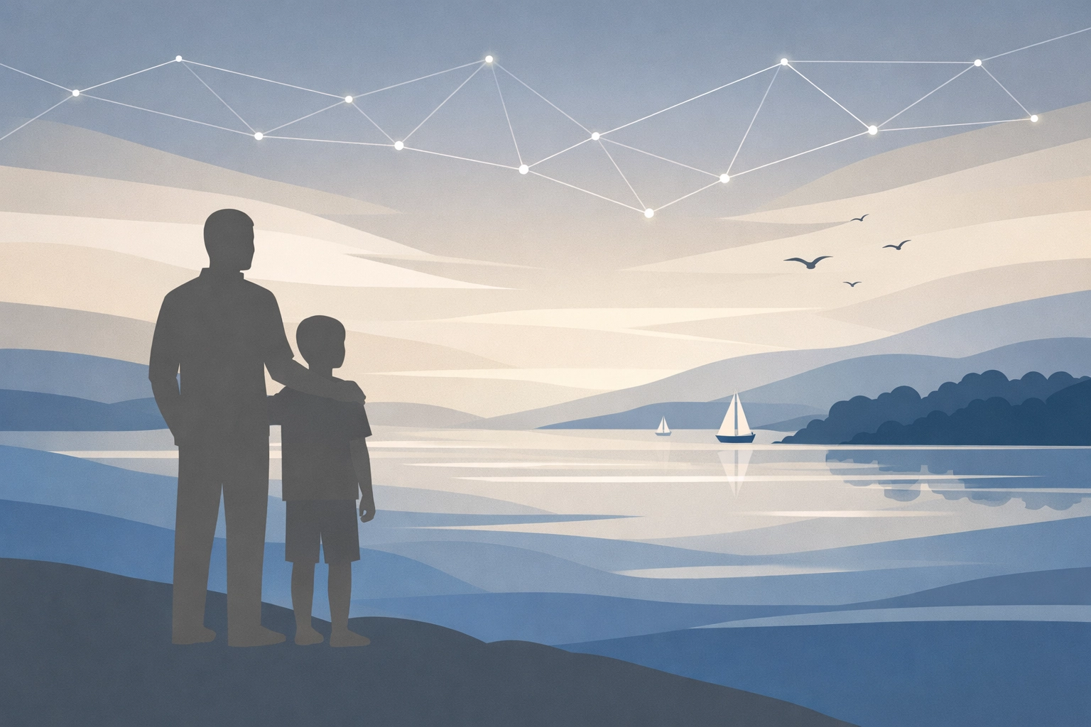 Parent and child silhouettes overlooking Chesapeake Bay, representing a secure future through expert custody guidance.