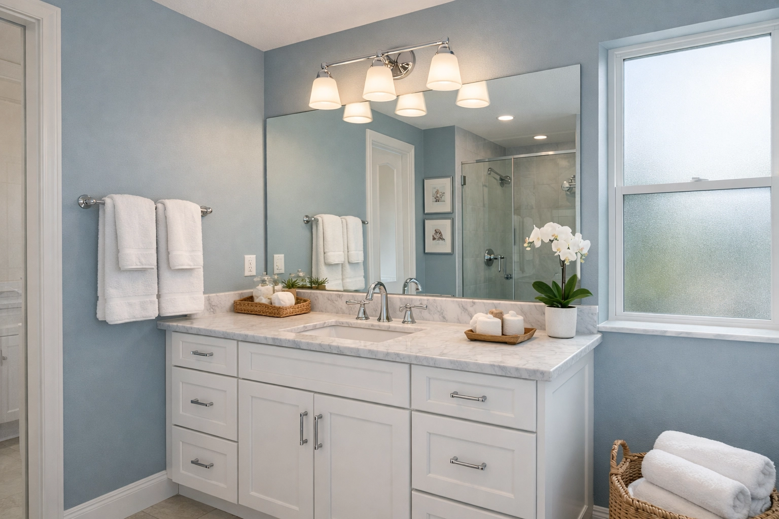 Contemporary Florida bathroom featuring soft coastal blue walls and white vanity