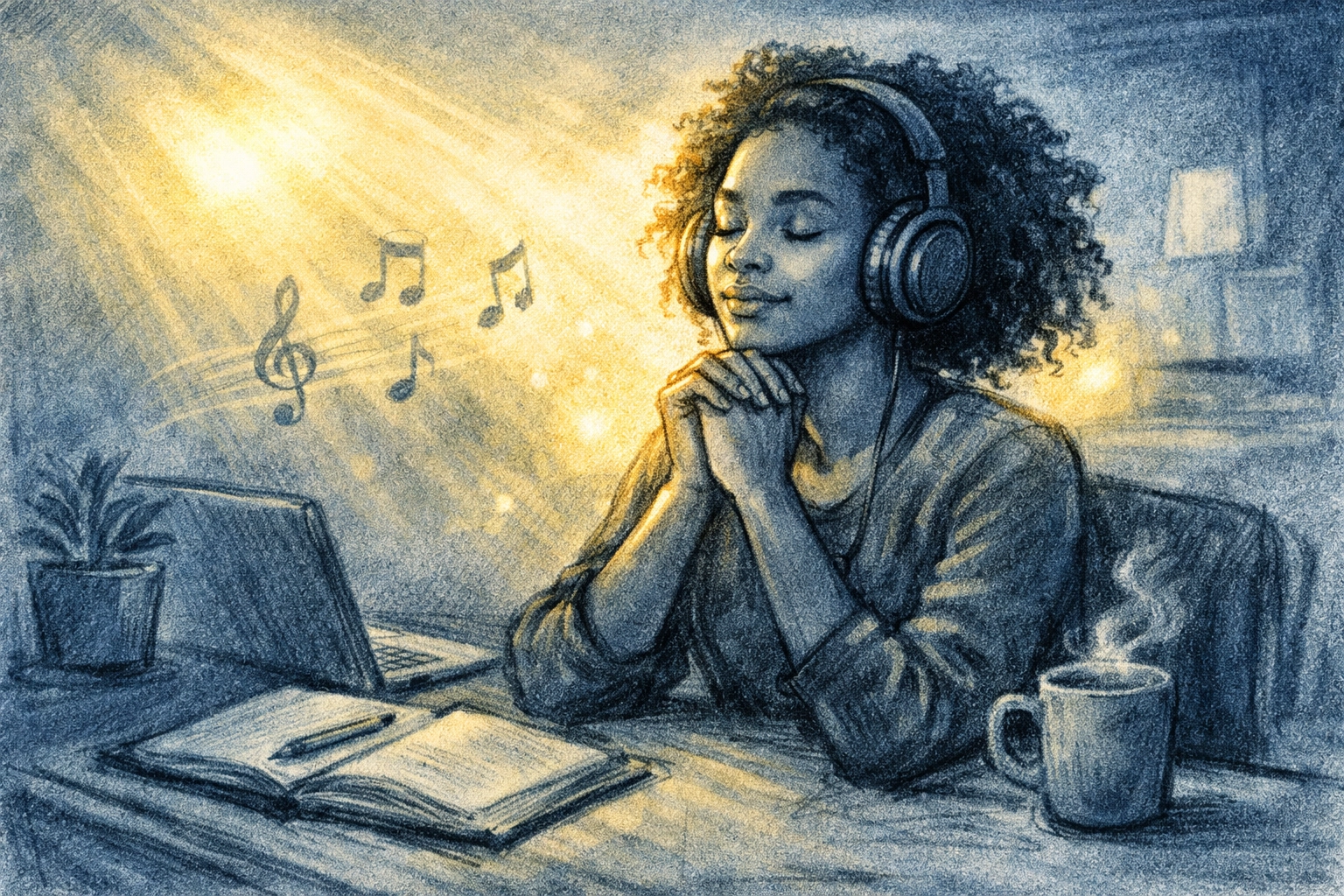 Listening to worship music playlist on smartphone during work week