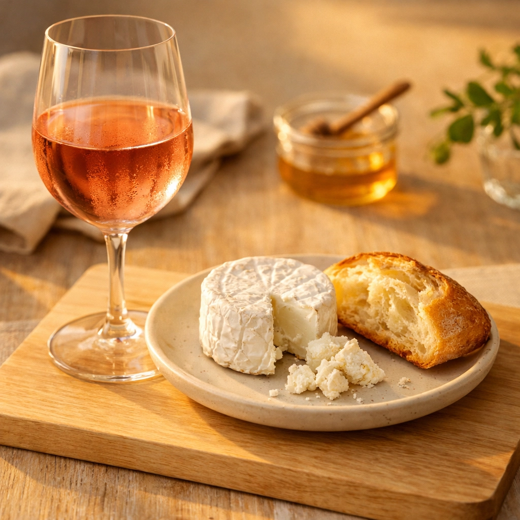 Refreshing pink rosé wine paired with artisanal goat cheese and baguette on a wooden board.