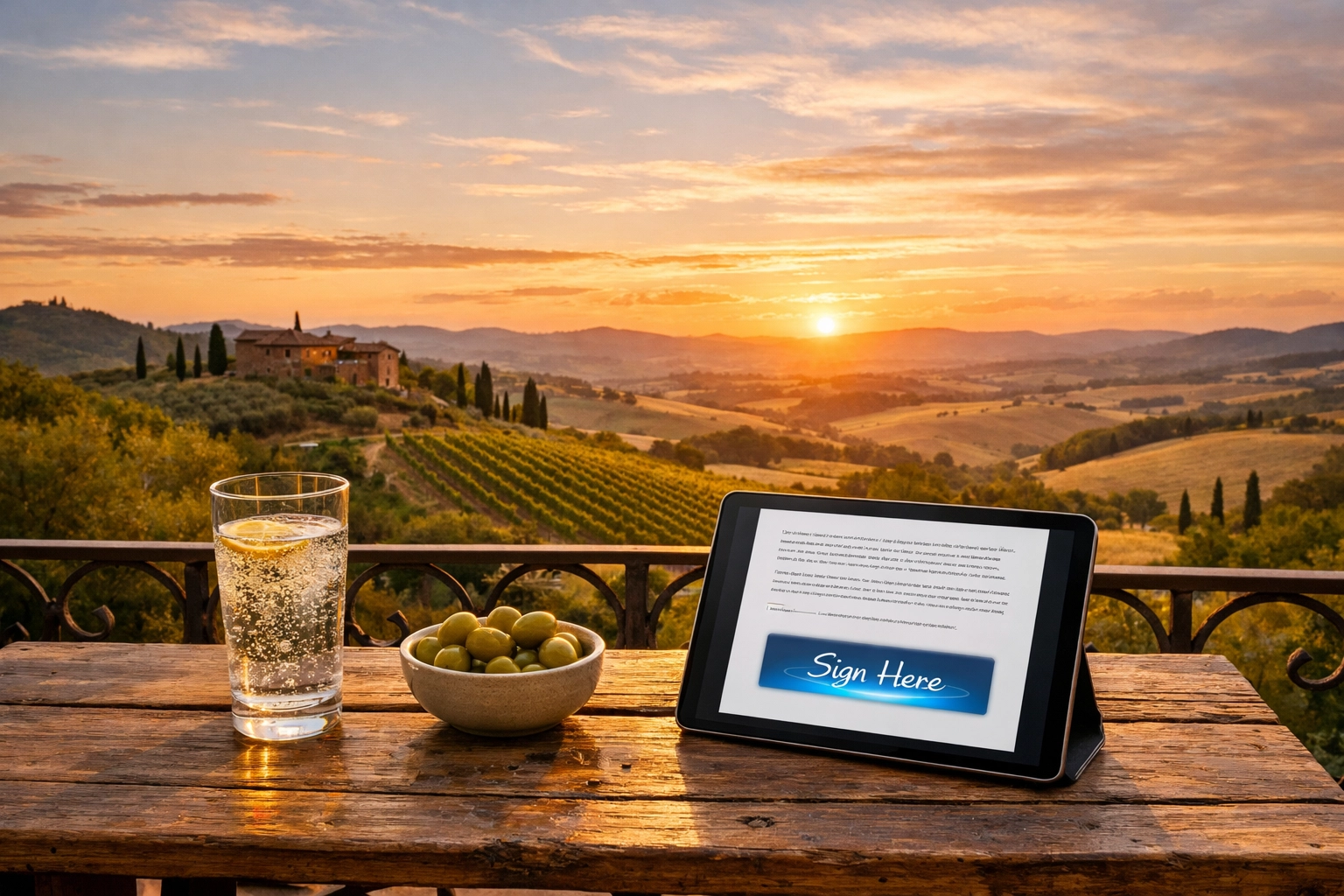 A tablet displaying a digital document for signing on a balcony, showing remote notary accessibility.