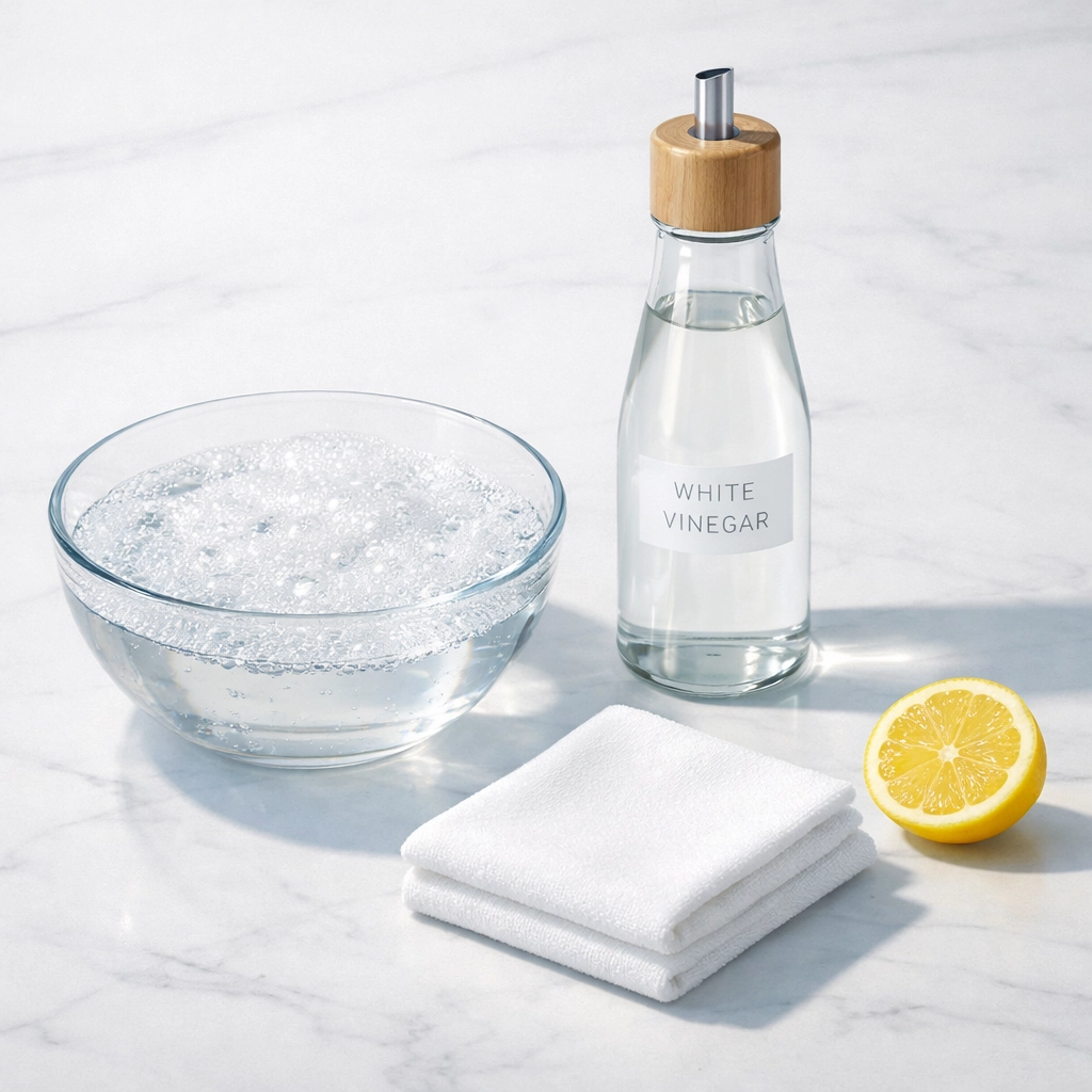 Eco-friendly carpet cleaning solution with white vinegar, dish soap, and a microfiber cloth.